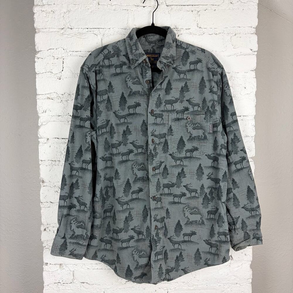 VTG Woolrich Grey Flannel Tree Moose Deer Animal Button Down Long Sleeve Medium